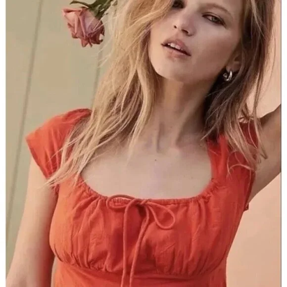 NEW FREE PEOPLE FREE-EST NATALYA SMOCKED COTTON WARM RED RUCHED MIDI DRESS SZ XS - Picture 5 of 10